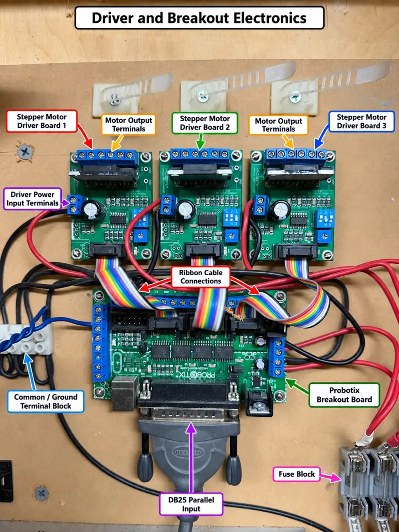 Annotated stepper drivers and Probotix breakout electronics