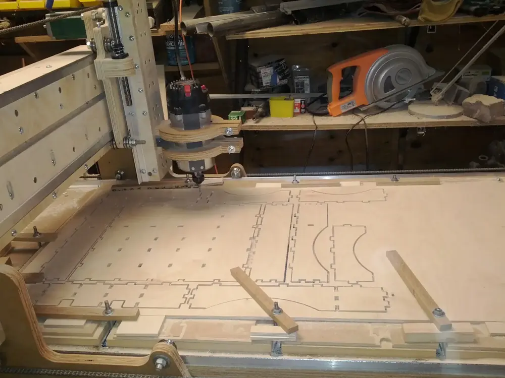 Historical photo of this CNC router assembled and cutting sheet material